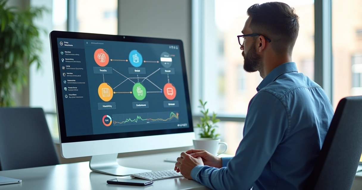 Gestor de RH analisando sistema digital de benefícios integrados em tela de computador no escritório