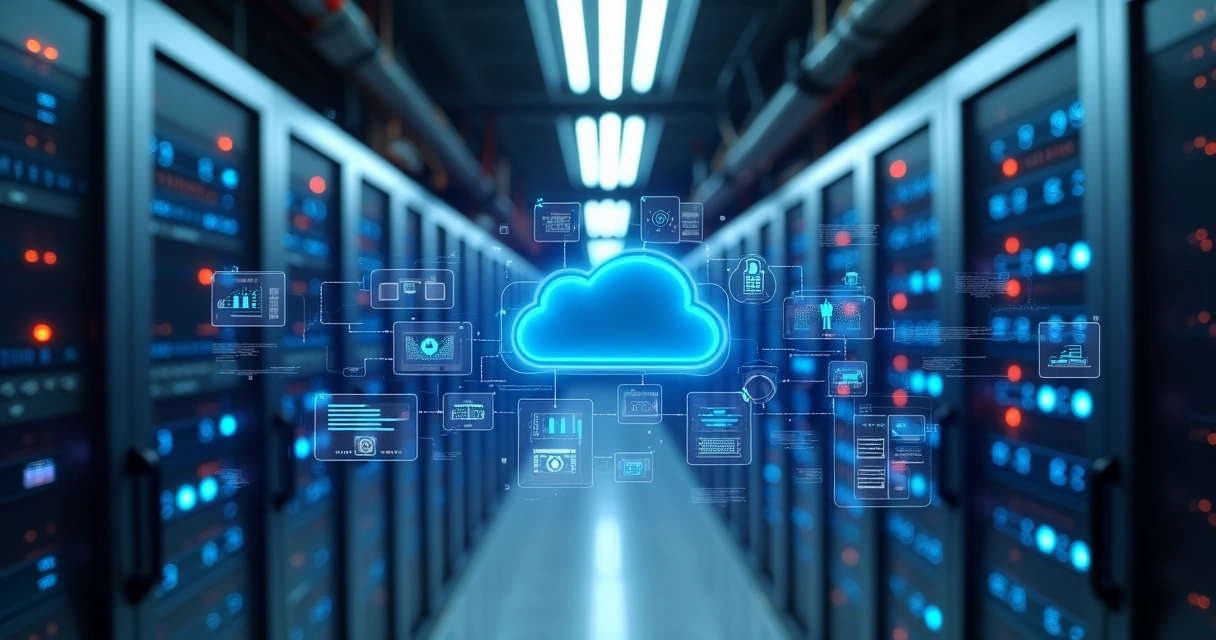 Servidor Apple macOS em data center moderno com interface de nuvem digital e gráficos de performance em fundo azul