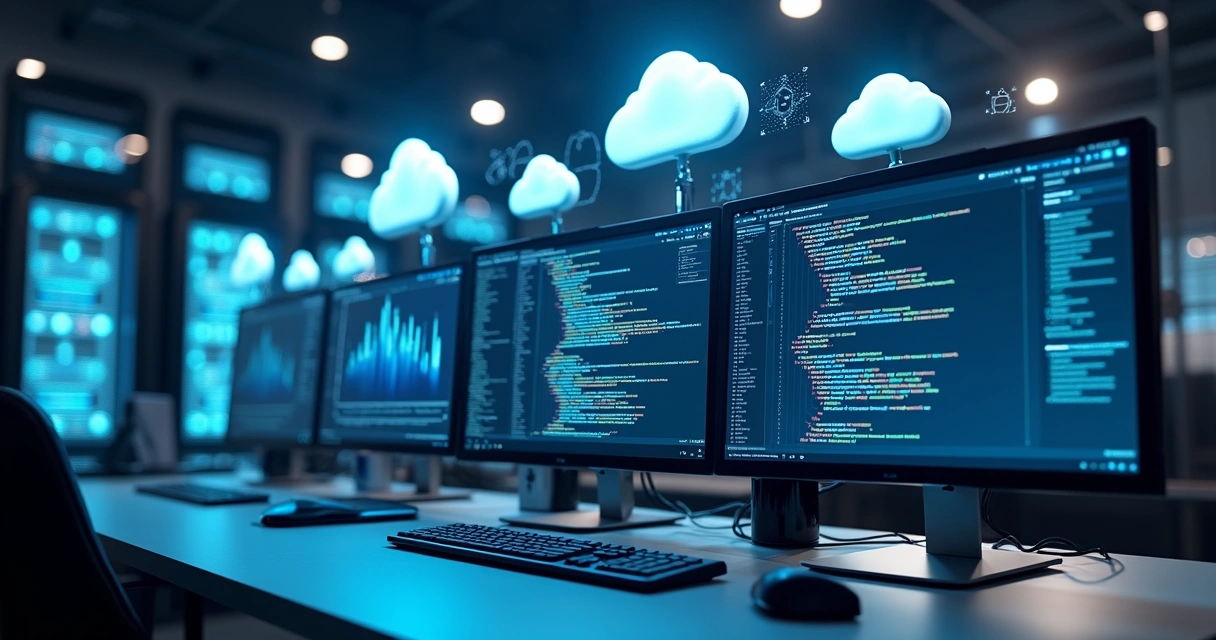 Ilustração realista de um ambiente de trabalho tecnológico com telas mostrando código, gráficos de desempenho e nuvens digitais em fundo azul