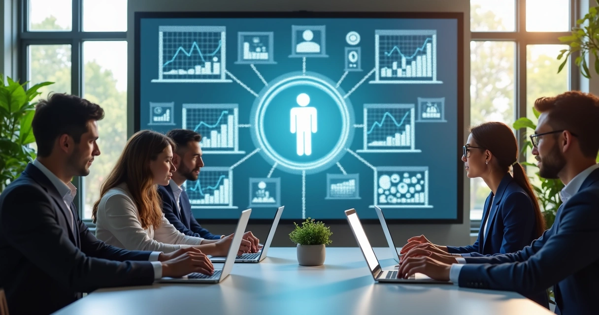 Equipe de profissionais discutindo gráficos e painel digital sobre sistema de benefícios corporativos flexíveis
