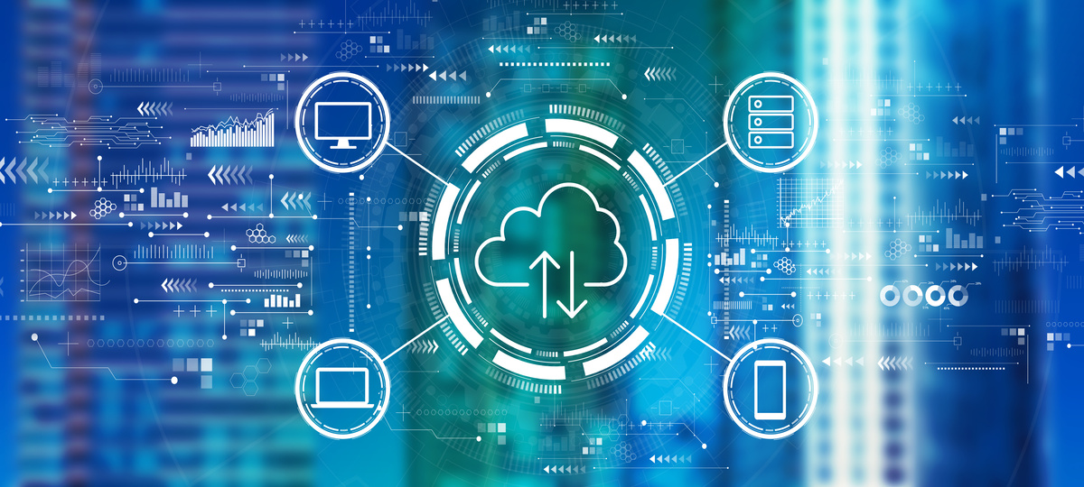 símbolos que remetem a migrar erp para cloud em vetores na cor branca e fundo azul, com elementos gráficos que remetem à tecnologia.