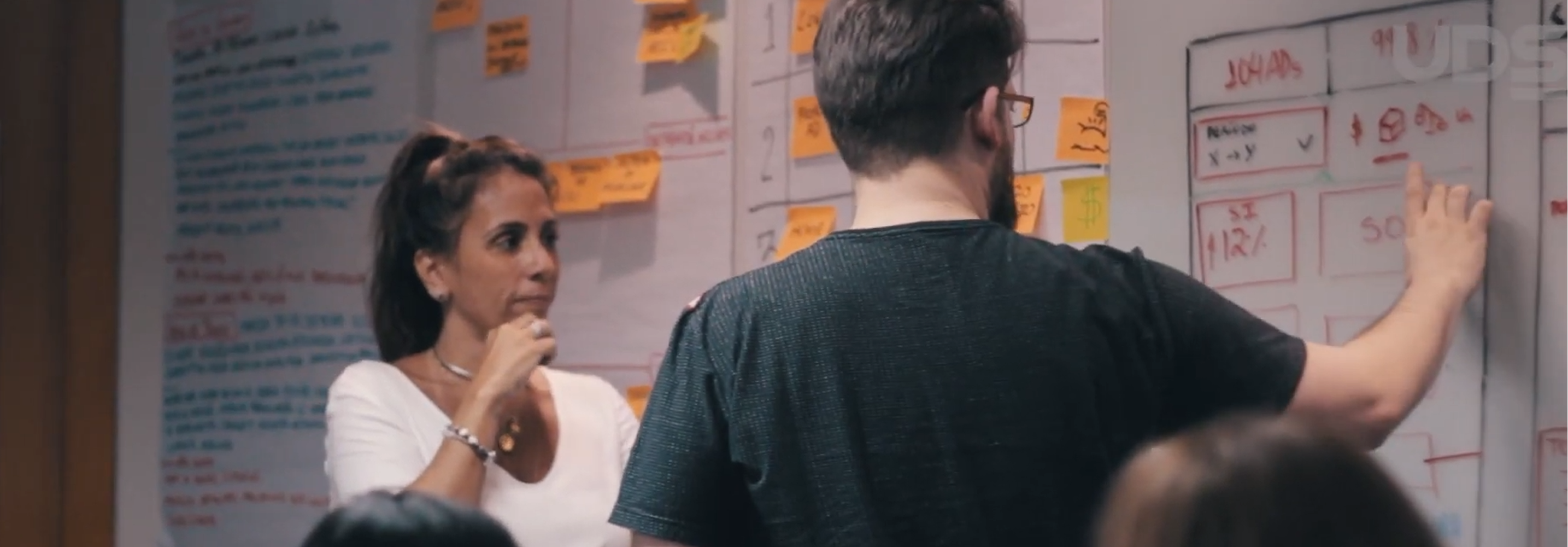 homem e mulher voltados a quadro de anotações, representando o funcionamento do dev studio da uds