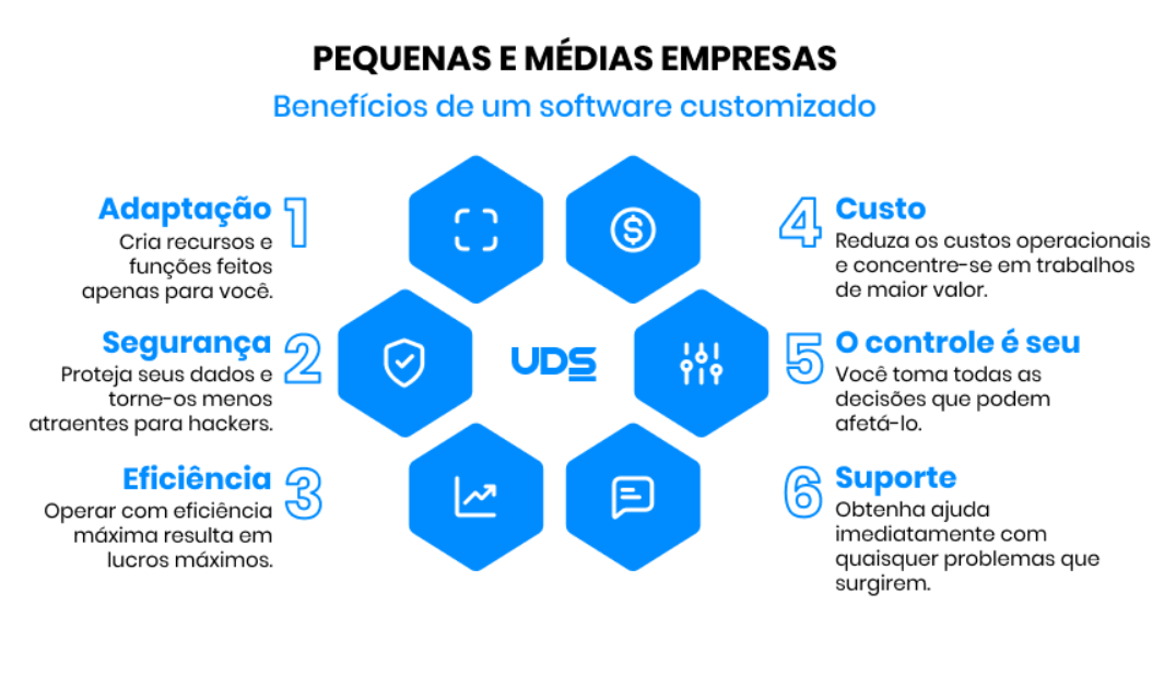 A imagem mostra os benefícios de uma empresa optar pelo software customizado, como: adaptação (1), segurança (2), eficiência (3), custo (4), controle (5) e suporte (6).