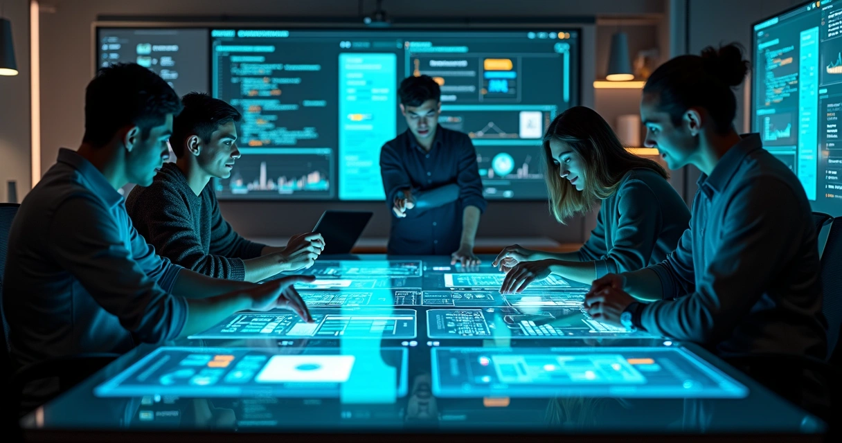 Equipe de TI em laboratório digital testando protótipo de software em telas holográficas simulando rapid prototyping