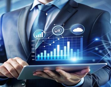 homem de negócios olhando pra tablet que está abaixo de desenho relacionado a business intelligence