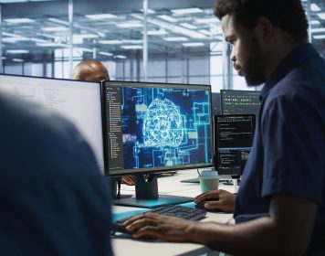 homem trabalhando em frente a computador com data analytics e simbolo de dados em azul brilhante