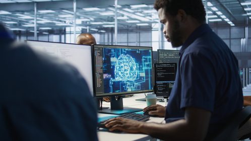 homem trabalhando em frente a computador com data analytics e simbolo de dados em azul brilhante