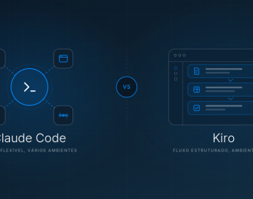 imagem em tons de azul comparativa entre claude code e kiro. Na frente de um fundo azul escuro, estão símbolos que representam cada ferramenta dispostos lado a lado, com uma breve descrição sobre cada um: Claude Code: fluxo flexível e vários ambientes; Kiro: fluxo estruturado, ambiente único.
